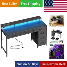 Gaming Desk with 6 Drawers, Computer Desk with LED Lights Power Outlets and Type