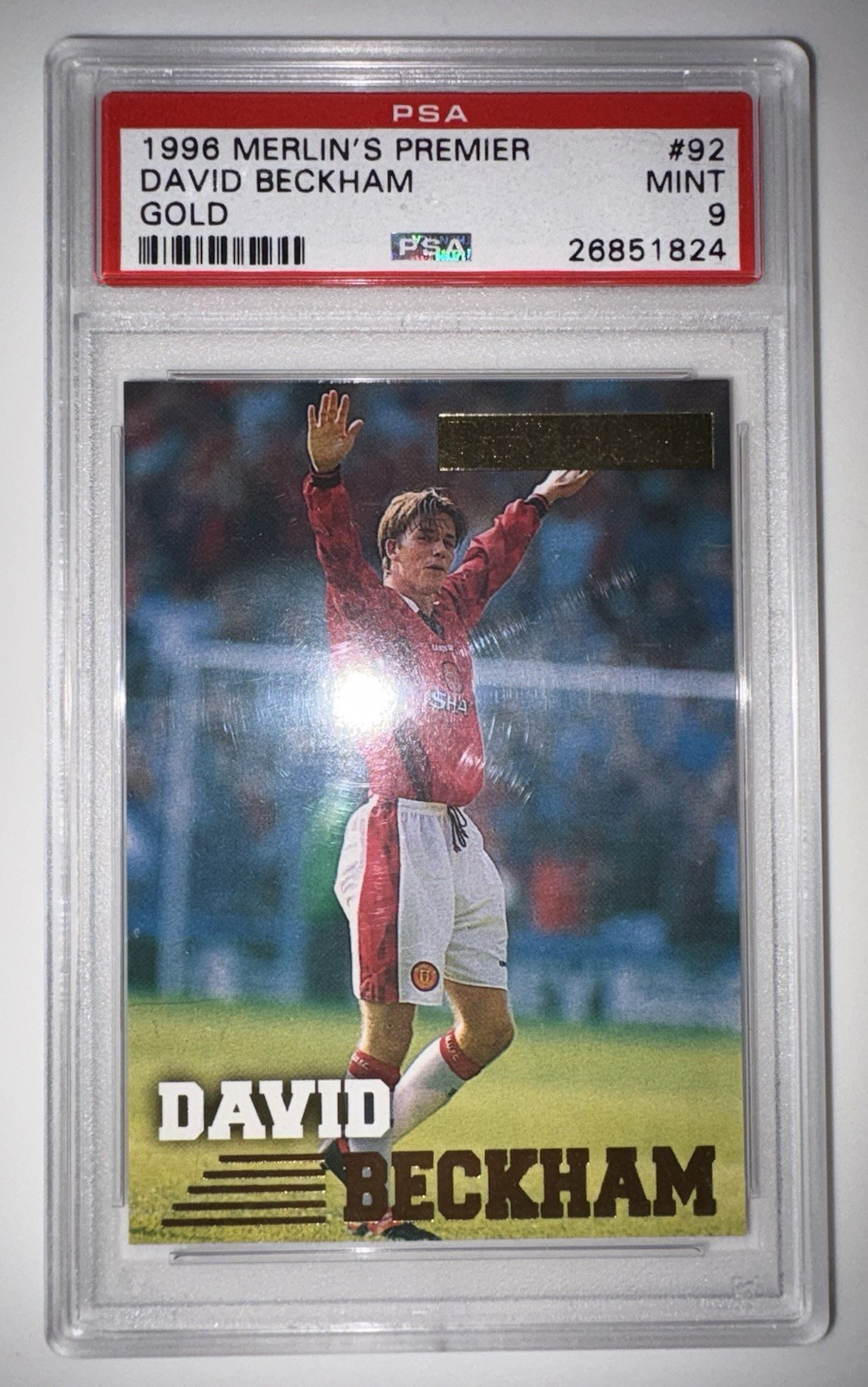 1996 Merlin’s Premier Gold David Beckham #092 RC PSA 9 view 3