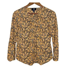 Drake's London J.Crew Women's Blue Gold Giraffe Print Top Bell Sleeve Size 6