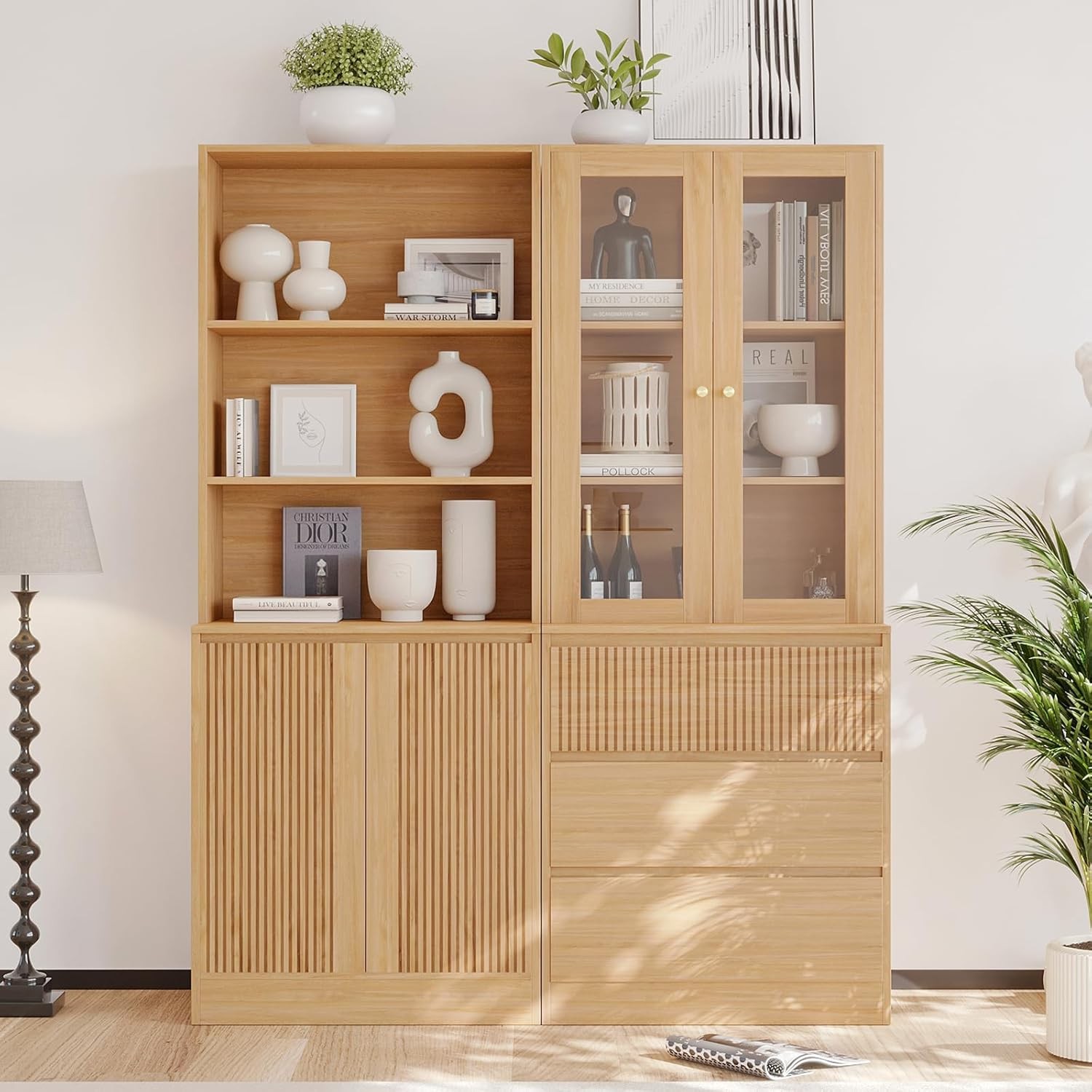 71 Inch Tall Wood Bookcase with 2 Glass Doors - Freestanding Storage Cabinet