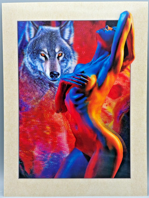 3D-Bild/Effekt-erotische nackte Frau,Wolfskopf Hintergrund,tolle Farben-30x40-oR