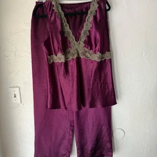 L Satin Pajama Set Lingerie Lace Tank Top Pants Plum Purple Sleepwear Loungewear