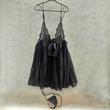 Victorias Secret Black Lace Babydoll Chemise Teddy Slip and V String Set Medium