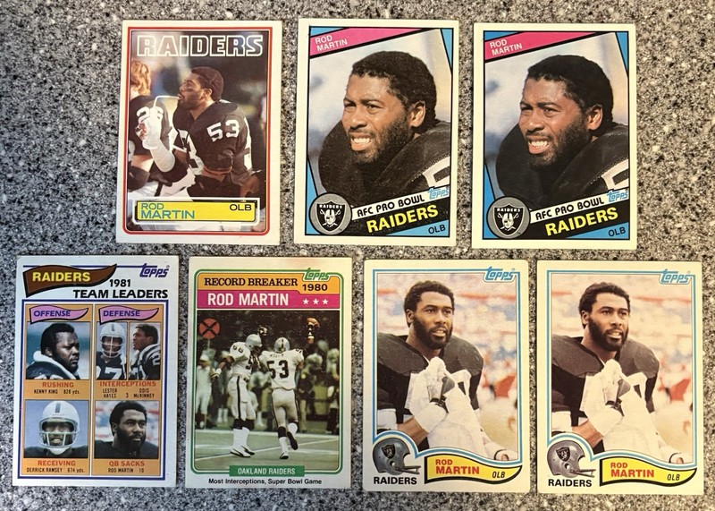 1981-84 Topps Rod Martin LB Los Angeles Raiders Great, Lot Of 7 VG Condition