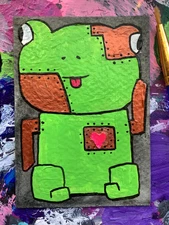 ACEO Original Art, Acrylic Painting Silly Copper Robot Frog, Whimsy, Fantasy 