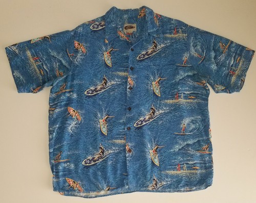 REYN SPOONER Hawaiian Shirt Art Of EDDY Y Vtg Blue Ocean Waves Surf Print XL - Picture 2 of 7