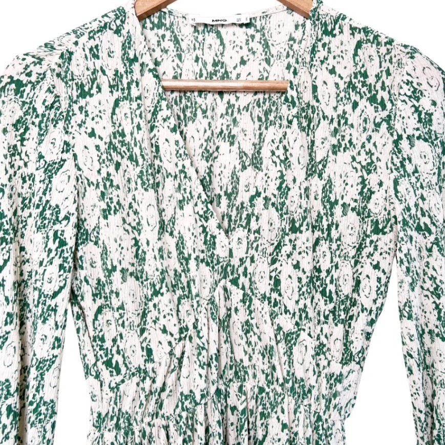 Mango MNG Green White Abstract Floral Plisse V-Neck Long Sleeve Mini Dress M image 3