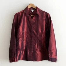 Coldwater Creek Satin Burgundy Beaded Long Sleeve Button Down Top Size Large