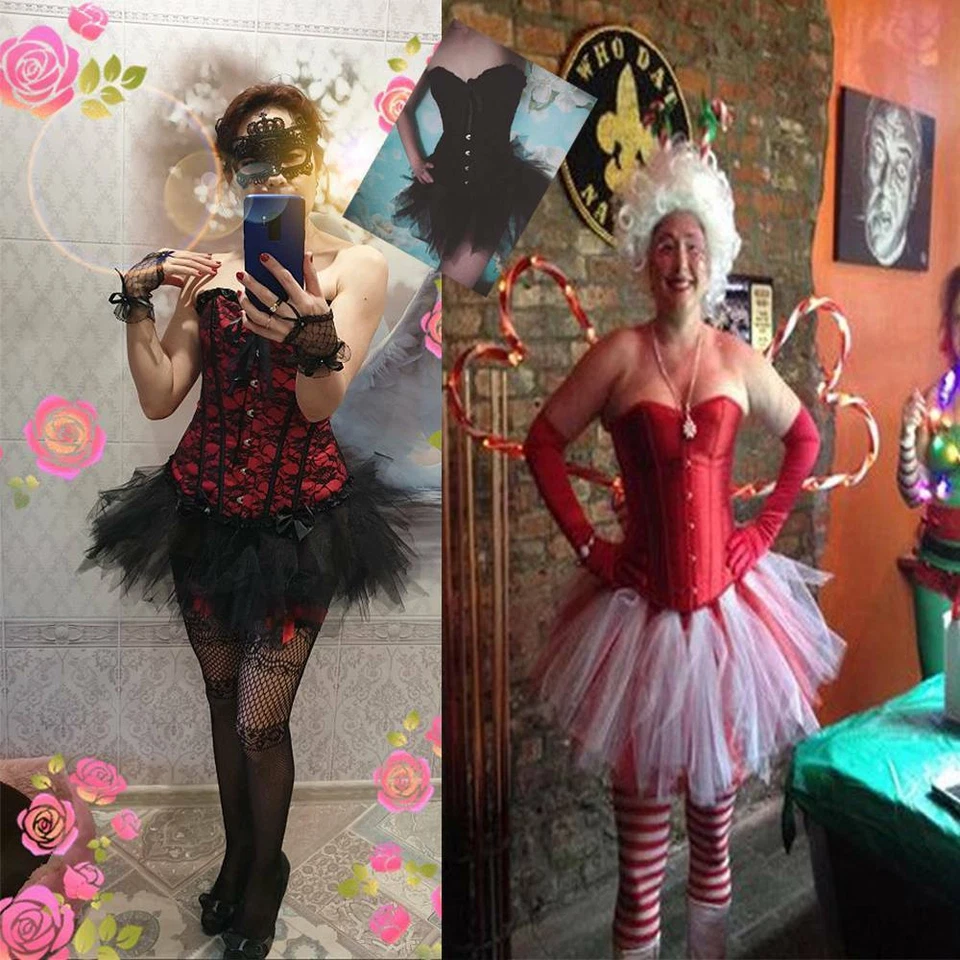 Women Gothic Burlesque Overbust Corset Bustier TuTu Skirt Fancy Dresses Costume - Image 3 of 4