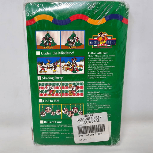 VINTAGE DISNEY MICKEY MOUSE CHRISTMAS STANDARD PILLOWCASE SKATING PARTY NOS - Picture 5 of 8