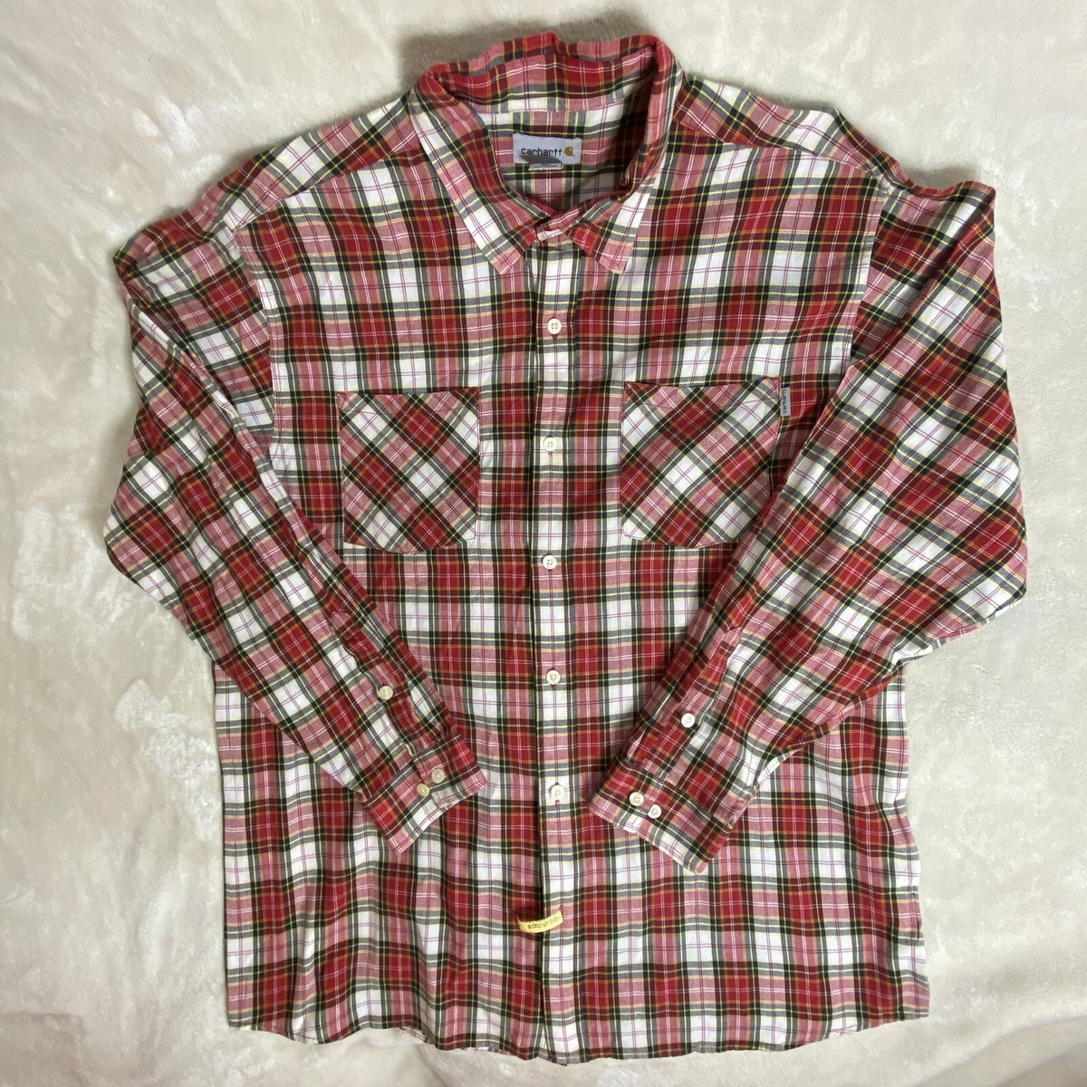 Carhartt Men's Shirt XL Long Sleeve Button Down Red Beige Plaid