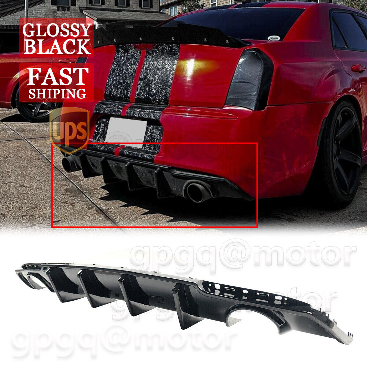 For Chrysler 300 SRT 15-23 V2 Gloss Black Shark Fin Rear Bumper Diffuser Valance