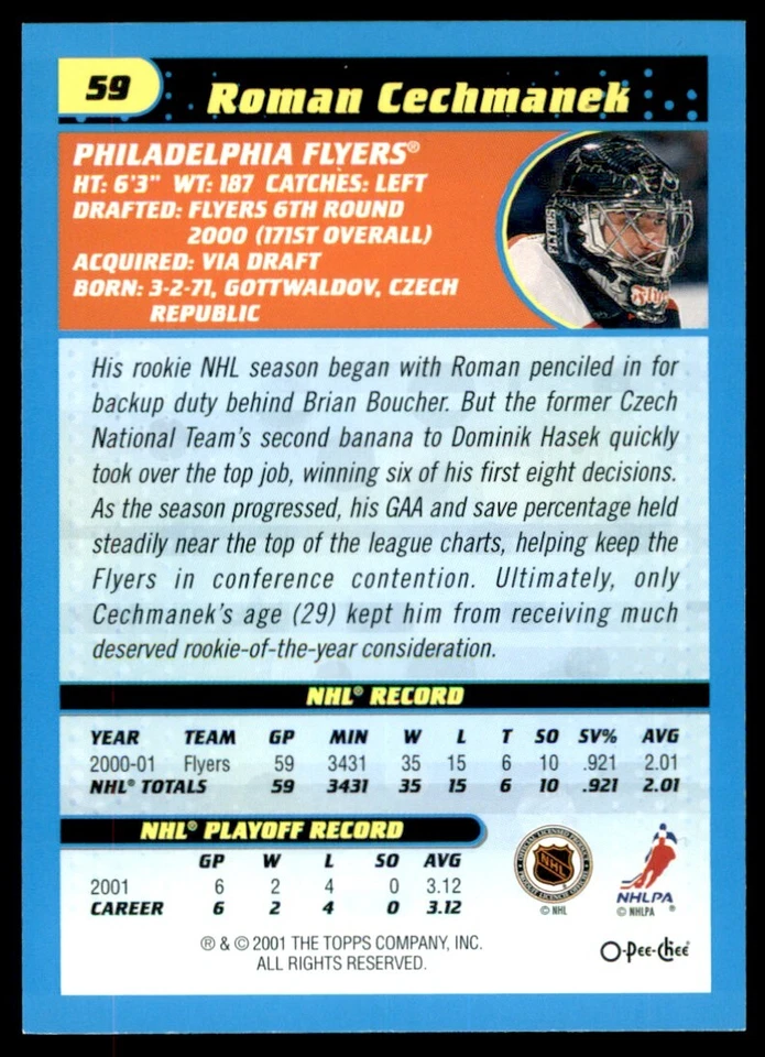 2001-02 O-Pee-Chee Roman Cechmanek #59 - Image 2 of 2
