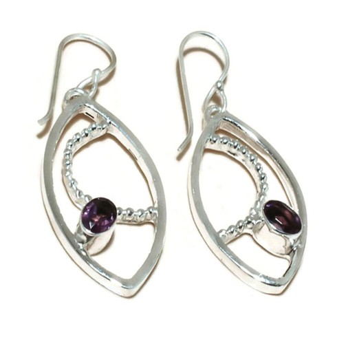 Brazilian Amethyst Oval Facet Gemstone Handmade Marquise Dangle Earrings A174 - Picture 2 of 3