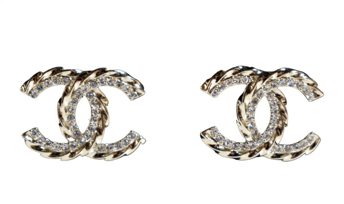Chanel 23B Gold Crystal Interlocking CC Logo Classic Statement Stud Earrings