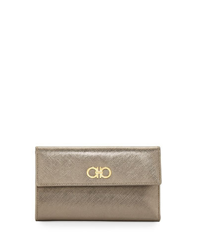 NIB! Salvatore Ferragamo Gancini Icona Continental Wallet, Oro Golden.