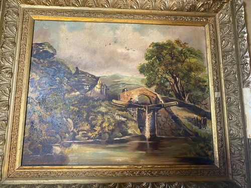 Pintura al óleo sobre lienzo antigua ""Paisaje con escena de hogar y figuras"" - enmarcada - Imagen 11 de 12