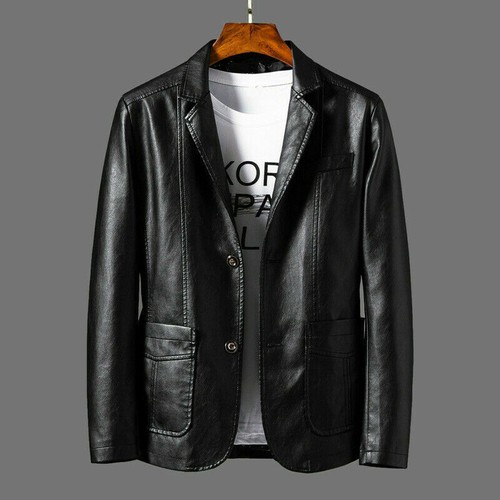 Men Faux Leather Blazer Suit Jacket 