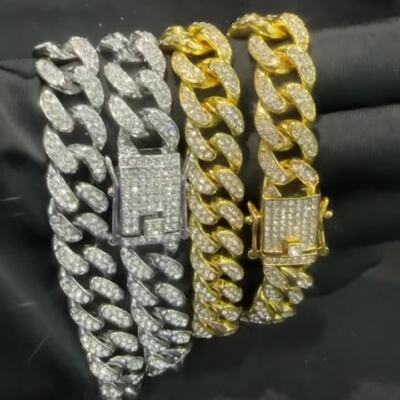Men's & Women's Cuban Link Chain Bracelet - 18k Gold Plated With Clear Rhinestones, Iced Out Hip Hop Style