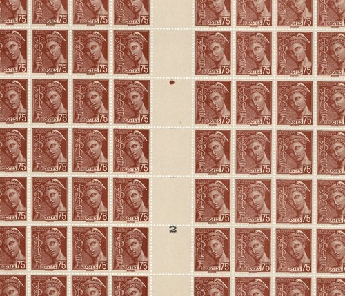 FRANCE YVERT 416A SCOTT # 369 MERCURY 75c COMPLETE SHEET 100 STAMPS MNH VF X262N - Picture 2 of 2