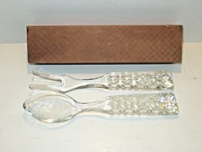 Vintage Salad Fork & Spoon Serving Set Pressed Glass Etched Handles Orig. Boxed
