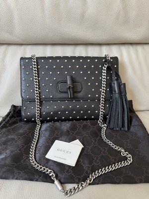 echt Gucci schwarz & silber Nieten Leder Miss Bambus Schultertasche Kette