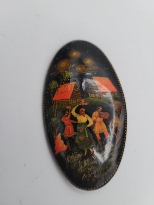 Russian Lacquer Brooch Vintage Hand Painted Kholuy Folk Festival 