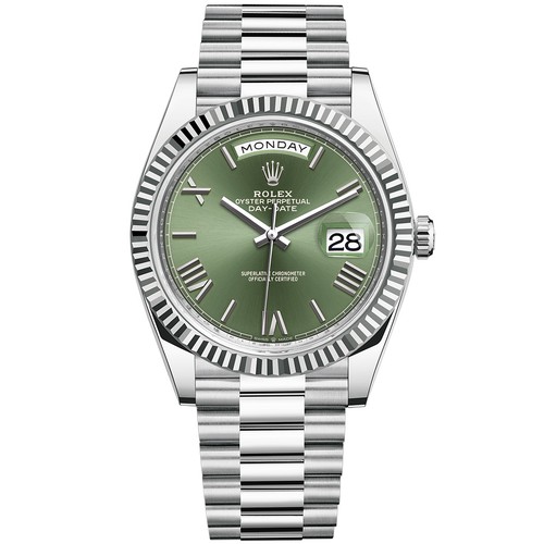 Rolex Day-Date 40, 228236, Platinum, President Bracelet, Olive Green Roman Dial