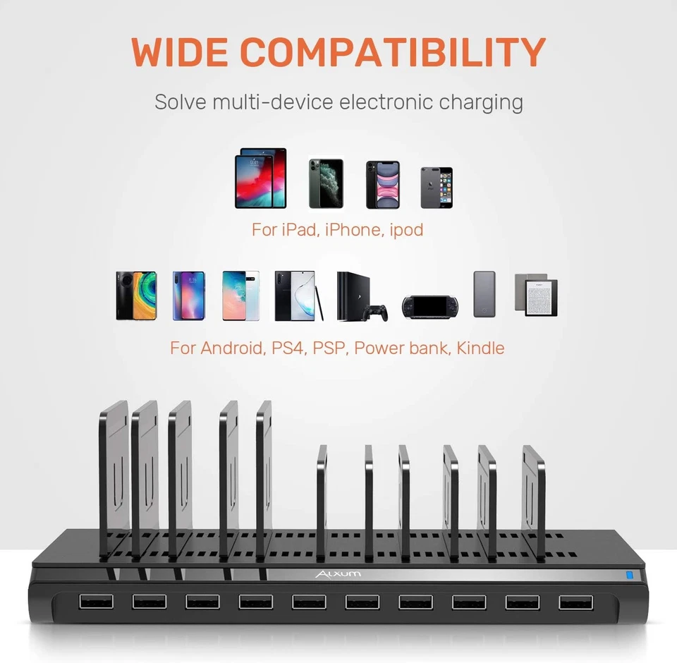 Alxum 60W USB Multiport Schnellladestation 10 Ports USB-A Ladestation für Handy, - Bild 3 von 4
