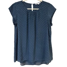 DR2 Blue Dot Chiffon Blouse with Keyhole Back Size Medium