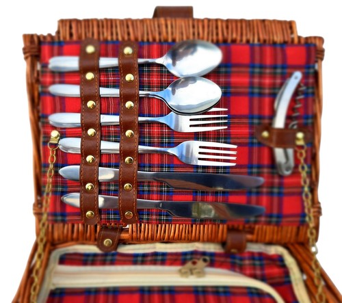 Cesta de picnic para 4 personas con manta cubiertos copas de vino plato bolsa de refrigeración juego de cesta - Imagen 4 de 6