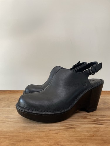 Born Leather Wedge Slingback Clogs Black Chunky Shoes Lagenlook Women's Sz 8 - Picture 2 of 8