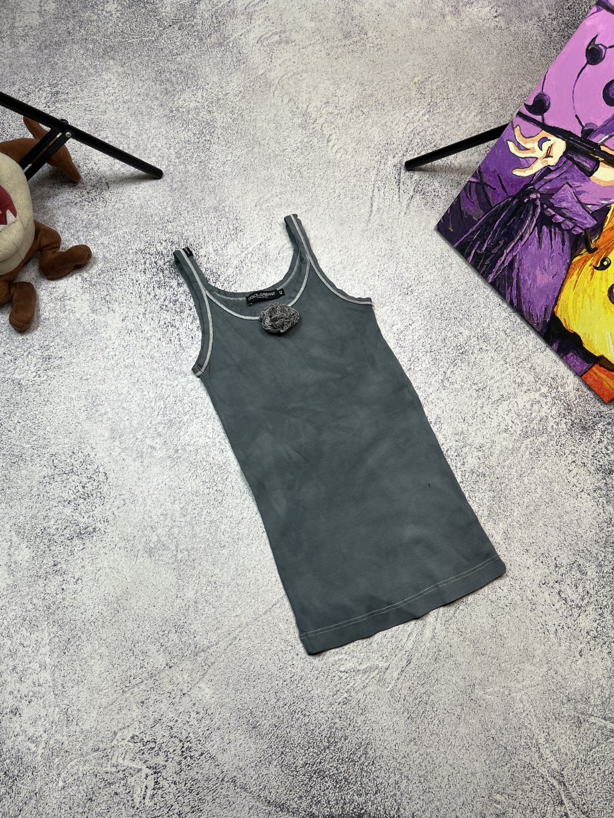 Dolce & Gabbana Vintage Ribbed Tank Top Rosette Rose Detail Grey Women’s IT 42 M
