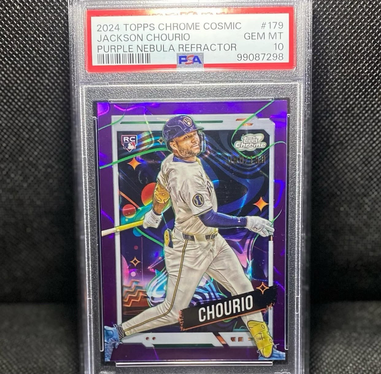2024 TOPPS CHROME COSMIC PURPLE NEBULA REFRACTOR JACKSON CHOURIO RC /150 PSA 10