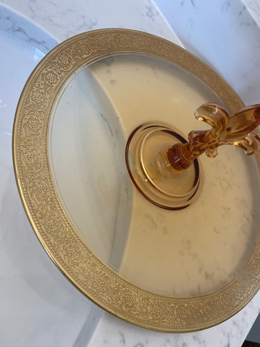 Vintage Amber & Gold Fostoria Glass Etched Fleur de Lis Sandwich Tray, No Chips - Picture 7 of 10