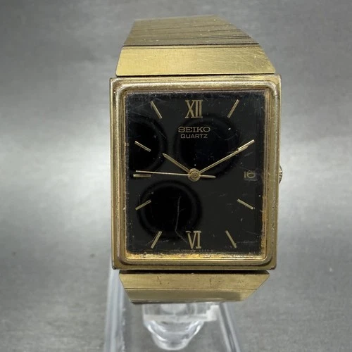 Seiko Tank Watch Men 24mm Black Dial Gold Tone Date 5P32-5239 New Battery