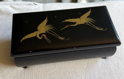 Vintage Japanese Black Lacquer Music Jewelry Box Golden Crane Design