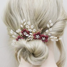 Wine Red Bridal Hair Comb, 2PCS Hair Pins, Pearls, Flower, Bride, Bridesmaid