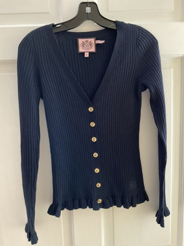Juicy Couture 100% Wool Ruffle Cardigan Sweater Navy Blue Size S Small - Picture 6 of 8