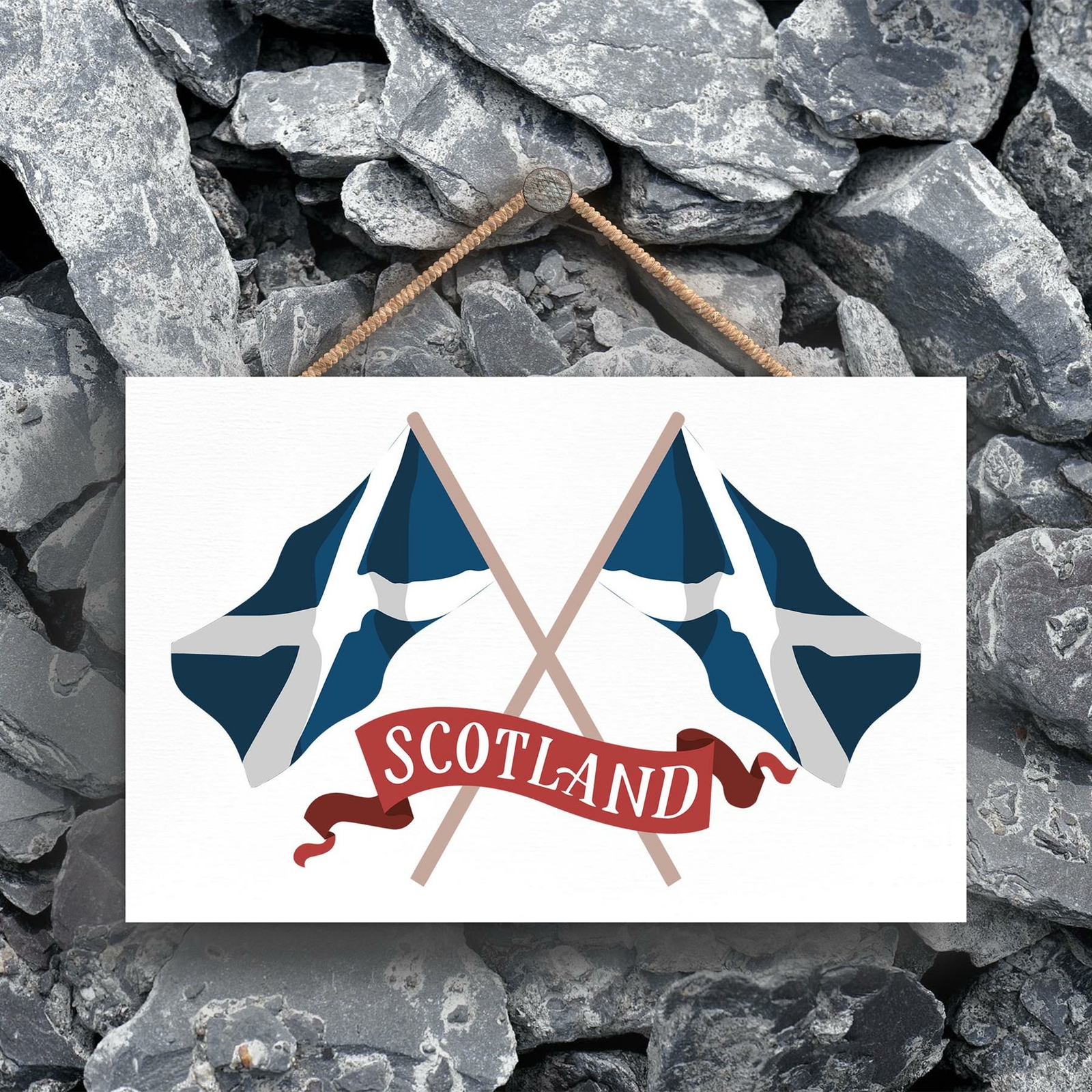 SCOTTISH WAVING FLAGS ON SCOTLAND THEME WOODEN HANGING PLAQUE