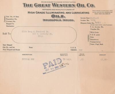 Great Western Oil Refiners & Mfg. Illuminating Oils 1926 Inv. Indianapolis, In.