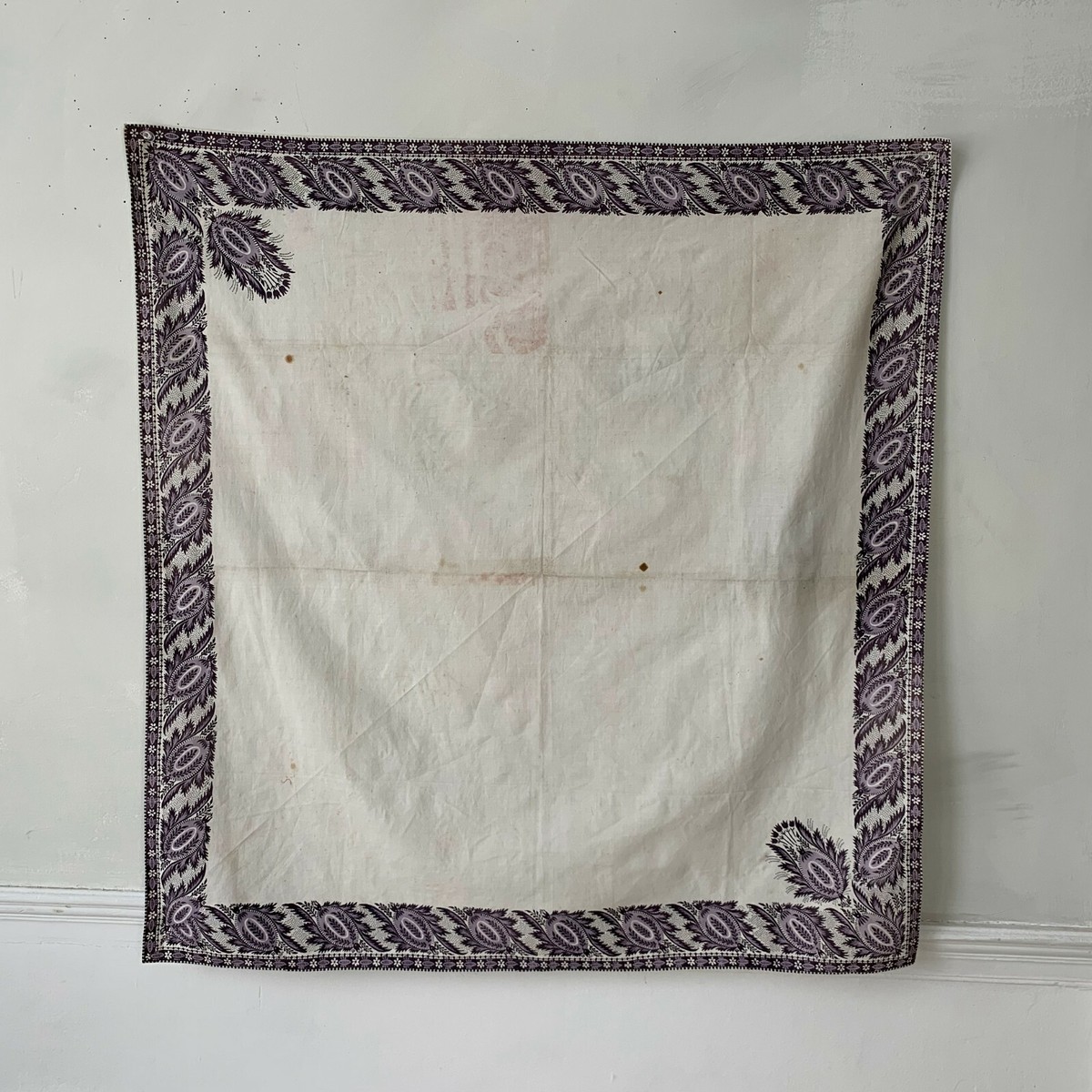 Antique French Fichu Neckerchief Shawl 1800's purple block printed