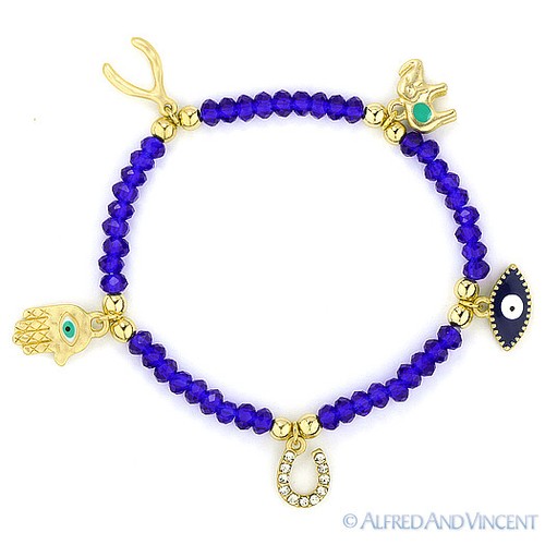 Evil Eye Turkish Nazar Greek Wishbone Elephant Hamsa & Horseshoe Charm Bracelet - Picture 4 of 6