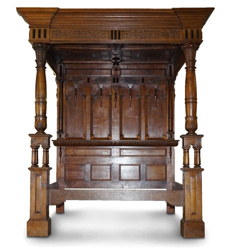 MONUMENTAL 3 METER EMPEROR ANTIQUE CIRCA 1880 CARVED ENGLISH BURR OAK TESTER BED - Picture 4 of 24