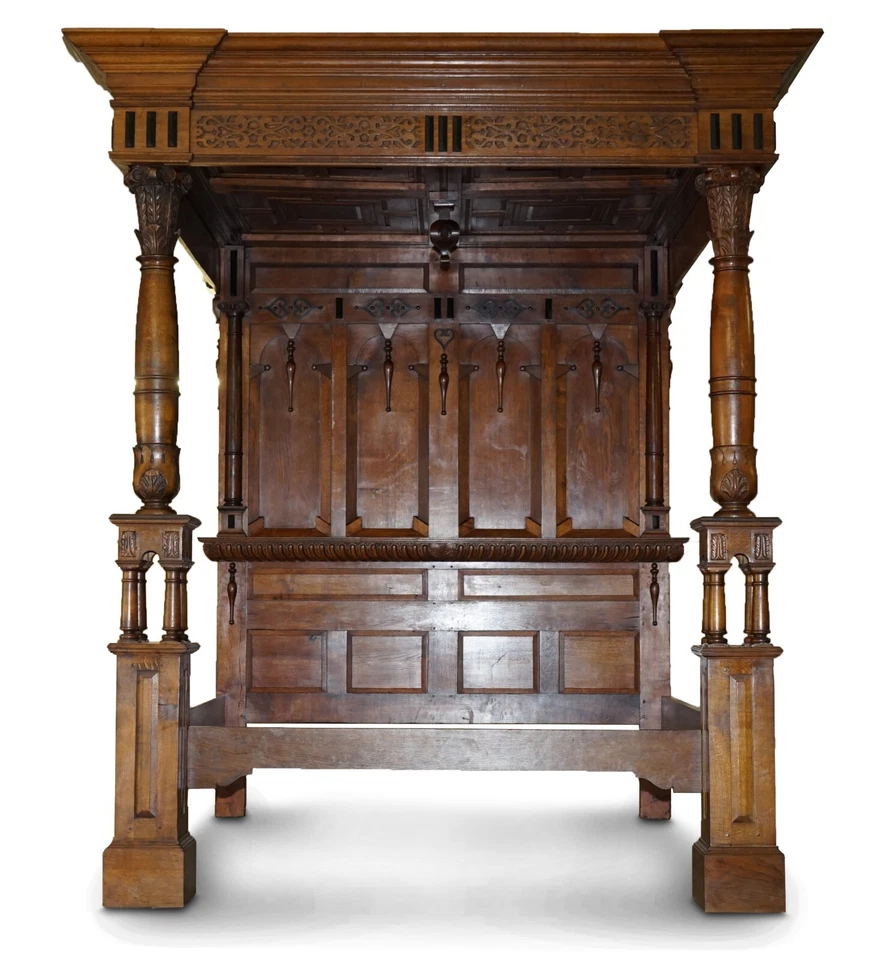 MONUMENTAL 3 METER EMPEROR ANTIQUE CIRCA 1880 CARVED ENGLISH BURR OAK TESTER BED - Image 4 of 4