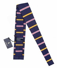 NEW Polo Ralph Lauren Silk Vintage Skinny Tie Square Bottom Navy Stripes ITALY
