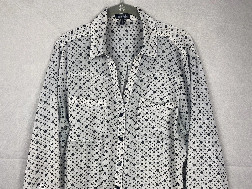 Blusa para mujer Nicole Miller XL cuello en V lunares negra carrera negocios Foto 3 de 4