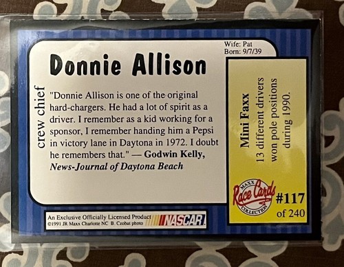Maxx Collection Race Cards 1991 Donnie Allison Card 117 of 240 Crew Chief - Picture 2 of 2