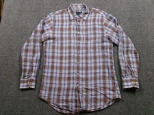 Scott Barber Shirt Mens Medium Blue Brown Plaid 100% Linen Long Sleeve Button Up