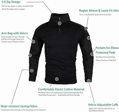 Chemise Tactique Zuoxiangru Manches Longues – Noir UK 2XL (NEUF Avec étiquettes)